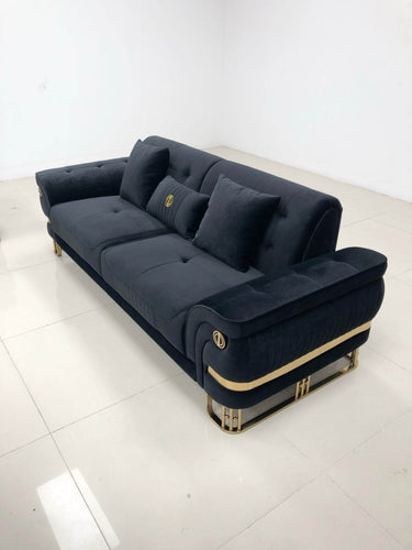 Tokyo Modern Black Velvet Sofa Set with Gold Accents and Plush Comfort - 2 & 3 Seater Options - UK Luxury Furniture